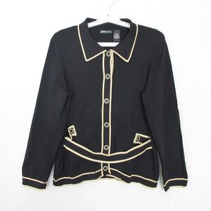 Yarns & Stitches Cardigan Womens L Black Tan Trim Button Front Knit Long‎ Sleeve